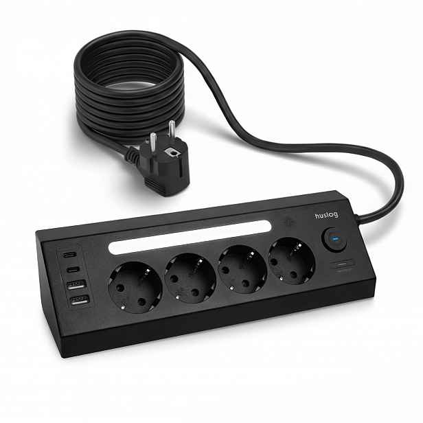 Prodlužovací Kabel lištový černý 4 zásuvky Schuko 4 porty Usb 1,80 m