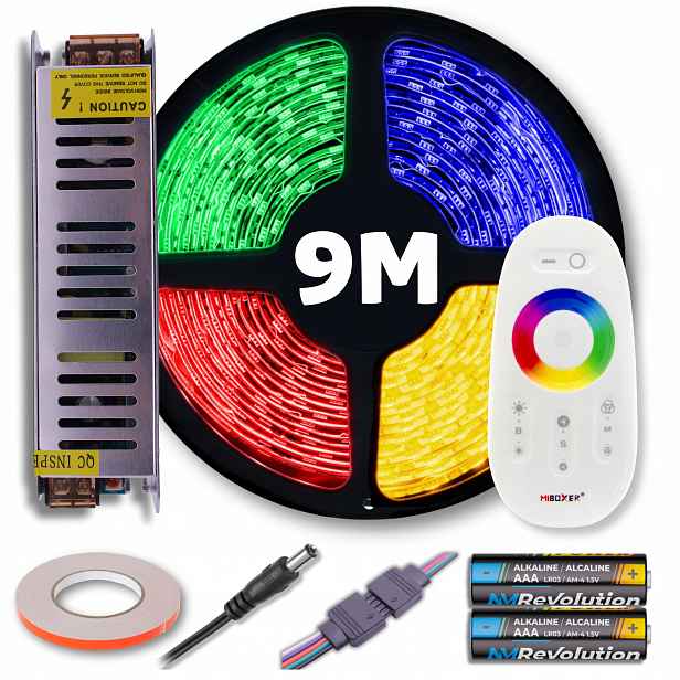 Set Led pásek Rgb barevný teplý bílý s dálkovým ovládáním a napájecím zdrojem 9M 12V