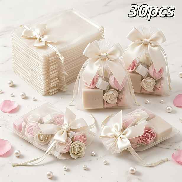 TEMU 30 ks 9 x 12 cm / 3,54 palce x 4,72 palce Světle bílé, Nebělomodré, Zlaté, Růžové saténové stuhy Mašle Organza Dárkové tašky, Růžové síťované