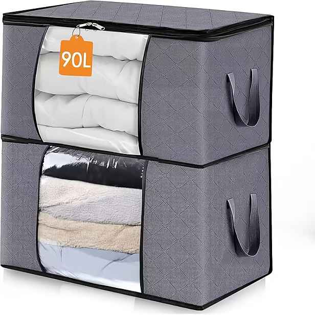 TEMU Dvě šedé skládací úložné tašky s černými , s okénkem, určené na oblečení a drobnosti. Jsou šedé, minimalistického stylu, se , vhodné pro