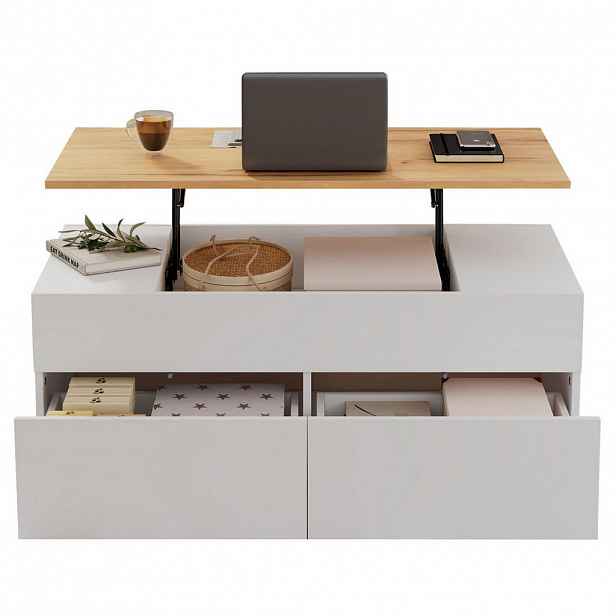 Redom KONFERENČNÍ stolek 100/50/40 cm s výklopnou deskou, 2 zásuvkami a bočním úložným prostorem, Bílá + dekor dřeva