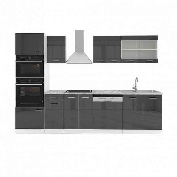 Vicco KUCHYŇSKÝ KOUT R-Line Antracitový vysoký lesk 300 cm s vysokou skříní, s pracovní deskou