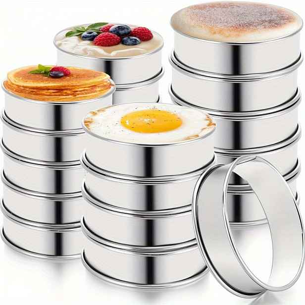 TEMU 20 ks kroužků na anglické muffiny - sada 4 palce a 3,35 palce, nerezové kroužky na crumpety, nepřilnavé kroužky na muffiny, pečivo, sušenky,