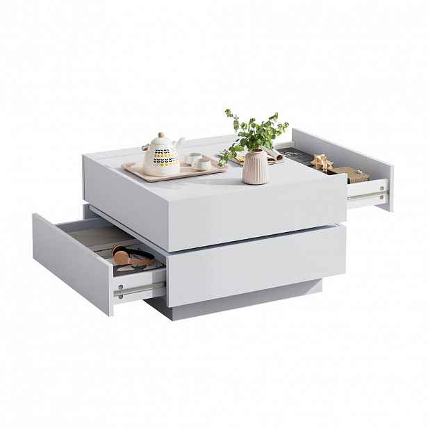 Modfu KONFERENČNÍ stolek z dřevotřísky 60x60x38 cm bílý s otočnou deskou 360° a 2 zásuvkami