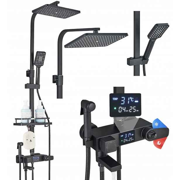 Sprchový Set Termostat Bidet LCD Dešťová Sprcha Tryska Černá