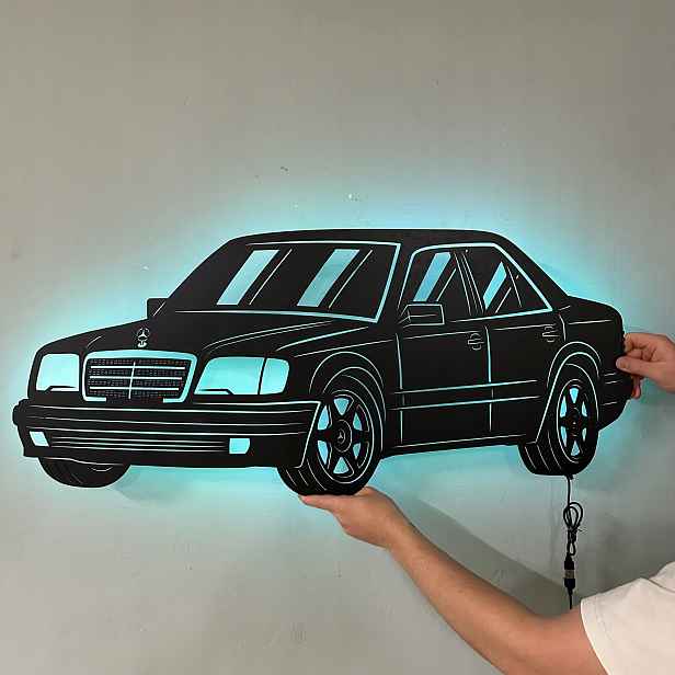 Dřevěný 3D obraz Mercedes Benz W124 Nástěnný Dárek Noční Lampa Led XL