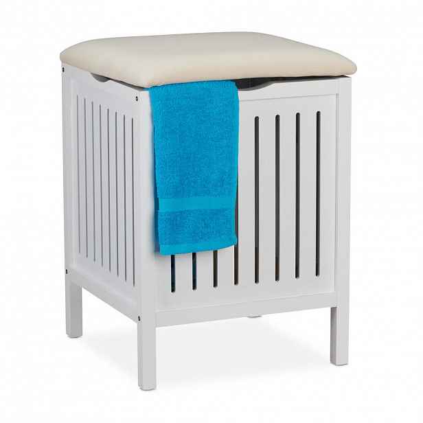 Relaxdays PRÁDELNÍK Bílý Krémový s polstrovaným sedákem borovicové dřevo 40 l