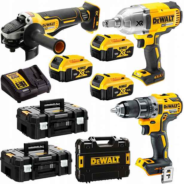 Sada klíč DCF899, vrtačka DCD791, bruska DCG405, 3x5Ah DeWALT DCKM009
