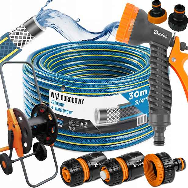 Hadice Zahradní Gumová 3/4" 30m 4 Vrstvy Pistole Vozík Sada Bradas