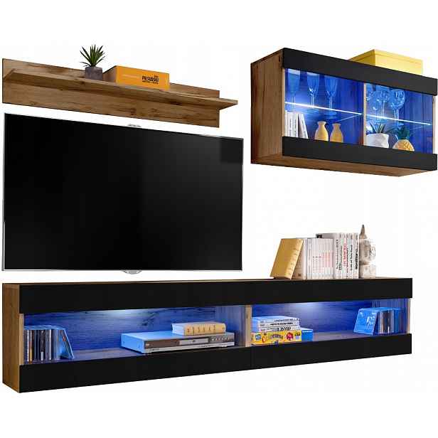 Sada Rtv nábytku Tivoli SET6 Dub Wotan/Černá, Modré Led