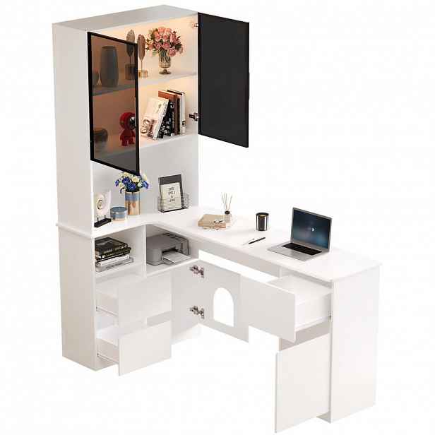 Modfu ROHOVÝ psací stůl z MDF 120x80x180 cm bílý s regálem, LED vitrínou, průchodkou na kabely a prostorem pro mazlíčka
