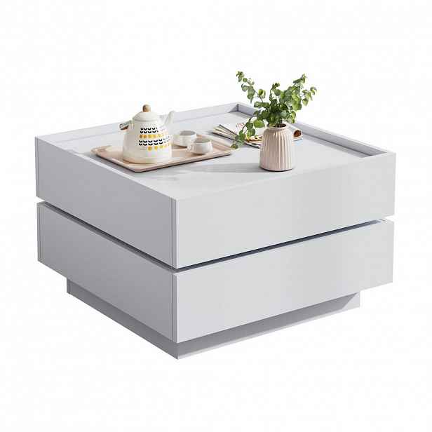 Redom KONFERENČNÍ stolek 60/60/38 cm s 360° otočnou deskou, dvěma zásuvkami a úložným prostorem, Bílá
