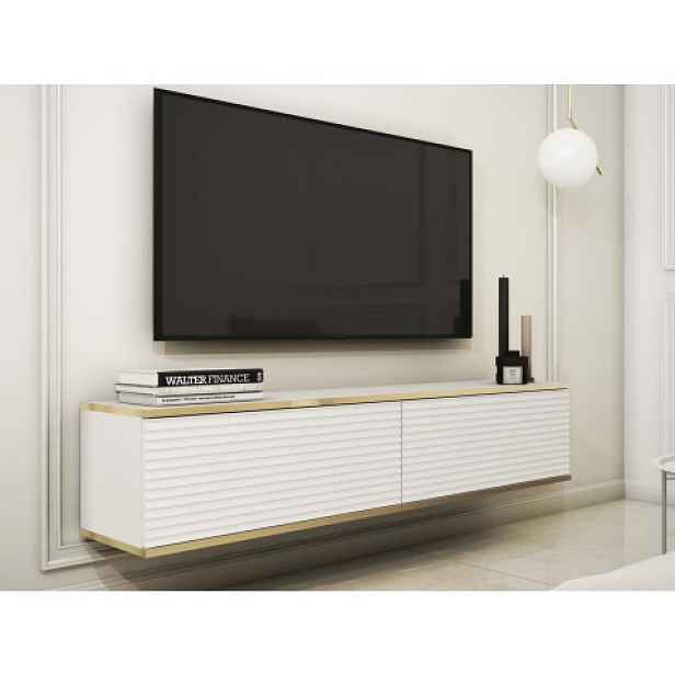 Závěsná TV skříňka Orfeo, 135 cm, bílá struktura/zlatá