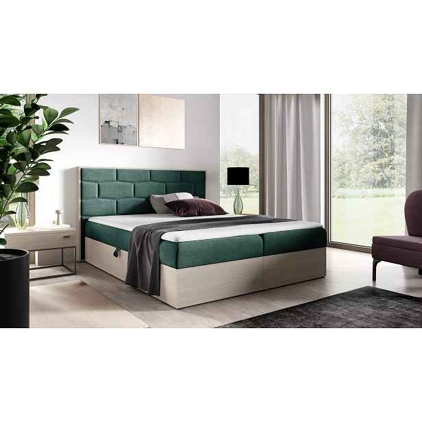 Čalouněná manželská postel 140x220 CHANTELLE 9 - nordic teak / zelená + topper ZDARMA