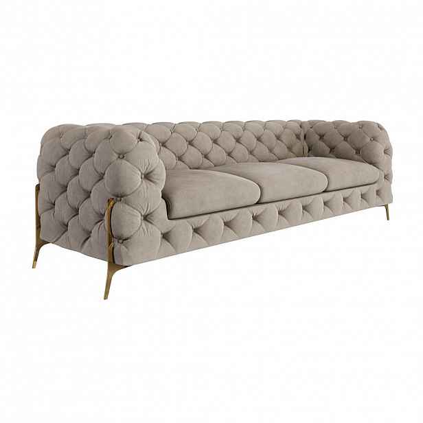 S-Style CHESTERFIELD TŘÍMÍSTNÁ POHOVKA Lexi z tmavé krémové sametu se zlatými nohami