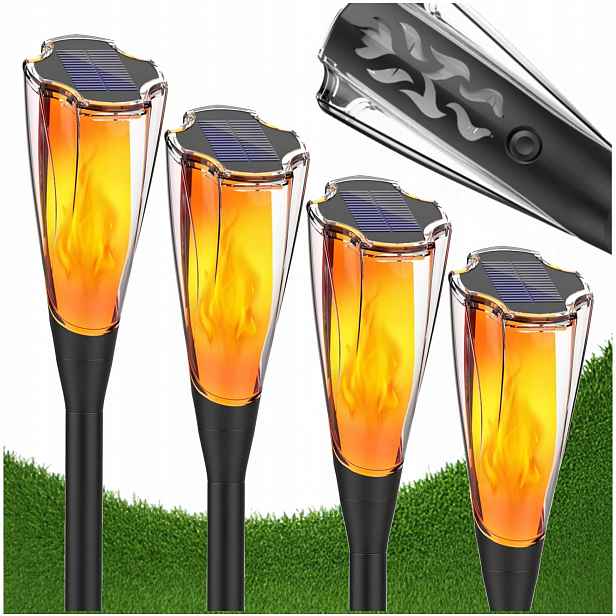 4x Solární Lampa Led Lampa Pochodeň Zapichovací Plamen Oheň 65 cm Premium