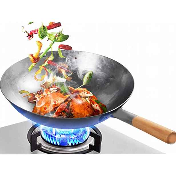Čínský wok Kovaná ocelová čínská pánev Dřevěná Rukojeť 16″ 40 cm