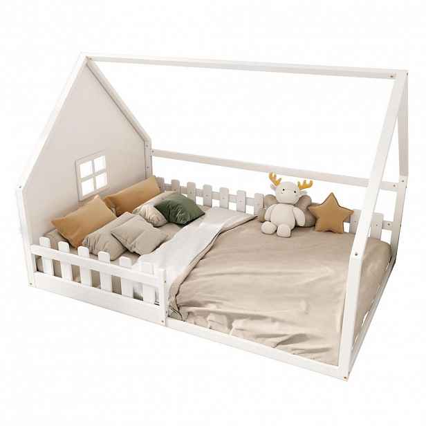 OKWISH DĚTSKÁ postel 140/200 cm bílá z borovice a MDF ve tvaru domečku se zábranou