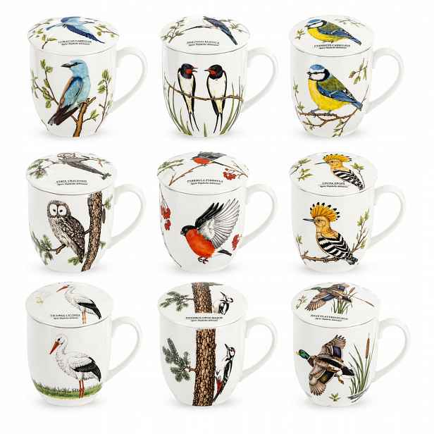 9 x porcelánový hrnek s konvičkou, víčko, sítko, 380 ml, hrnky, ptáci, Polský