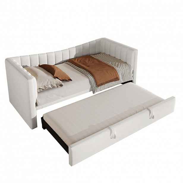 OKWISH DENNÍ postel 90/200 cm bílá z MDF a sametu s výsuvným lůžkem