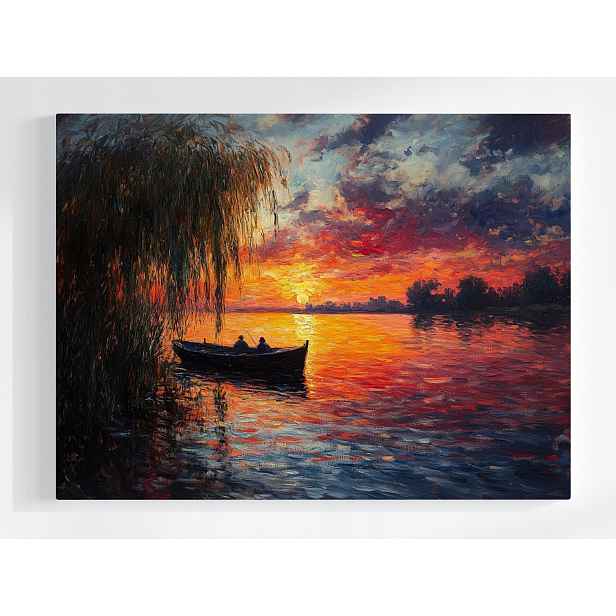 Plakát Krajina Jezero Loďka Rybář Slunce Západ 100x75