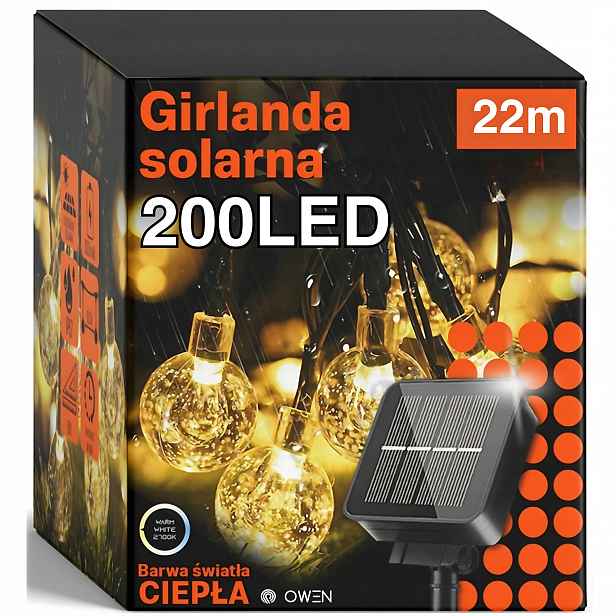 Solární zahradní girlanda, solární světla, 200 Led žárovek na balkon, 22 m, IP67