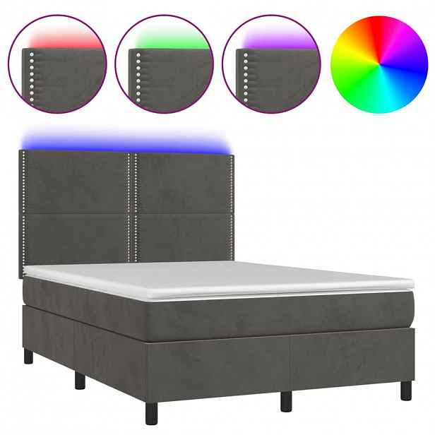 vidaXL Box spring postel s matrací a LED tmavě šedá 140x190 cm samet