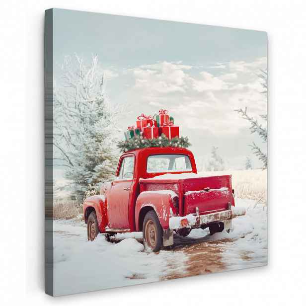 MuchoWow OBRAZ NA PLÁTNĚ Auto - Červená - Dárky - Zima - Sníh - Vánoce 20x20 cm