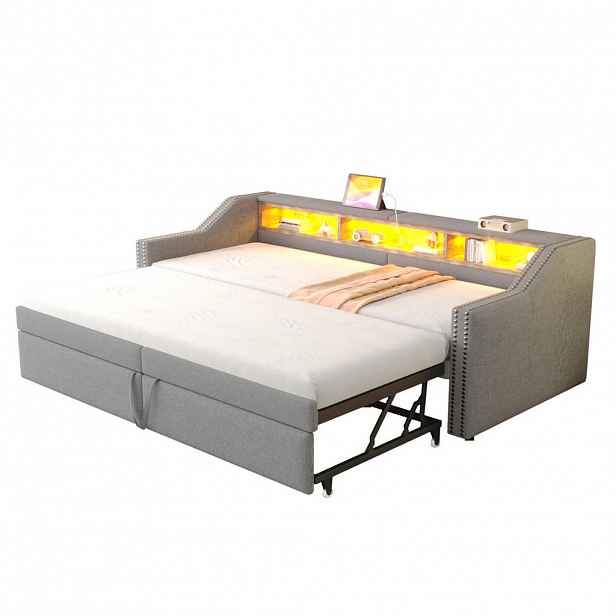 OKWISH ROZKLÁDACÍ čalouněná postel 90/180 x 200 cm světle šedá z lněné tkaniny s LED a USB