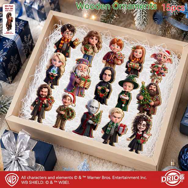 TEMU 2D ploché, 2D ploché, 15 ks/sada, dřevěné ozdoby Harry Potter Vánoční série, Harry Potter Merchandise, dekorace do domácnosti/kanceláře, ozdoby