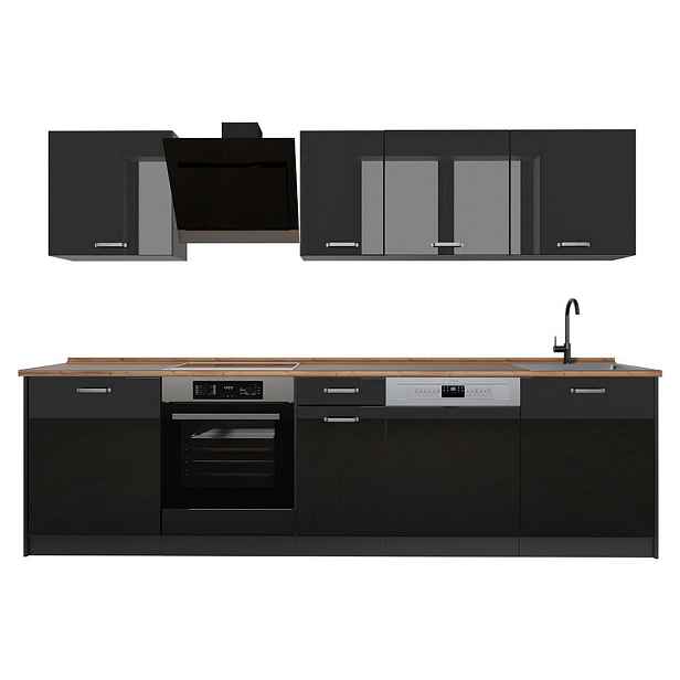 Vicco KUCHYŇSKÝ KOUT R-Line, Černý vysoký lesk/Bílá, 280 cm pracovná doska Dub Goldkraft