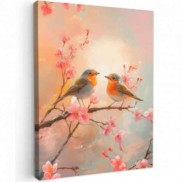 MuchoWow OBRAZ NA PLÁTNĚ Robins - Ornamental - Blossom branch 60x80 cm
