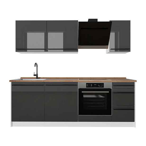 Vicco KUCHYŇSKÝ KOUT R-Line, Antracitový vysoký lesk/Bílá, 220 cm pracovná doska Dub Goldkraft