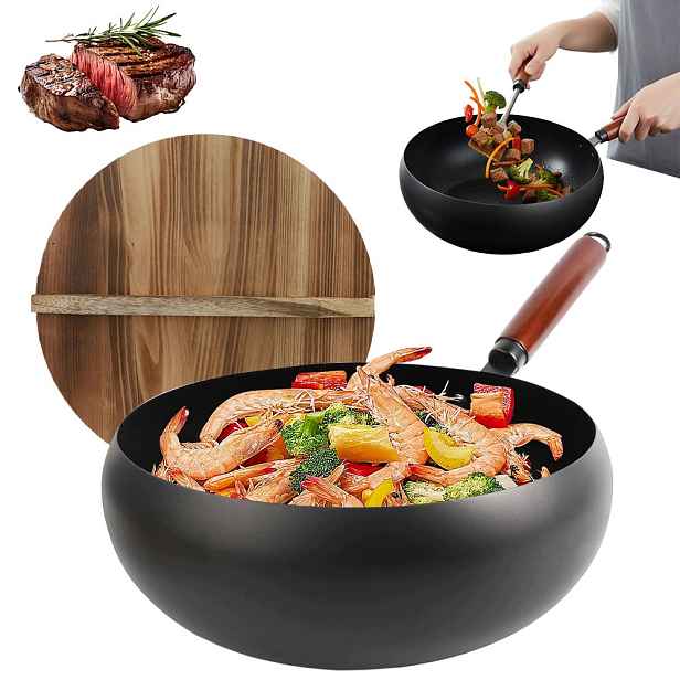 Pánev Wok hluboká 28 cm s dřevěným víkem z oceli pro indukci, černá