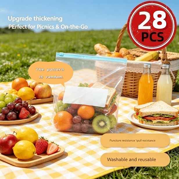 TEMU 28 ks Velké opakovaně použitelné sáčky s náhodnými vzory, sáčky pro třídění potravin, sáčky do chladničky, nezbytné kuchyňské sáčky, sáčky pro
