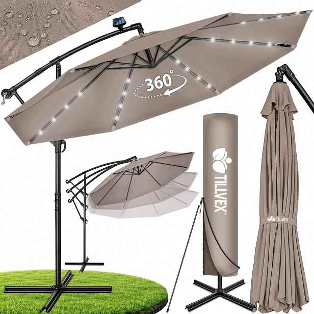 tillvex Hliníkový slunečník Cappuccino Led Solar Ø 350 cm s klikou