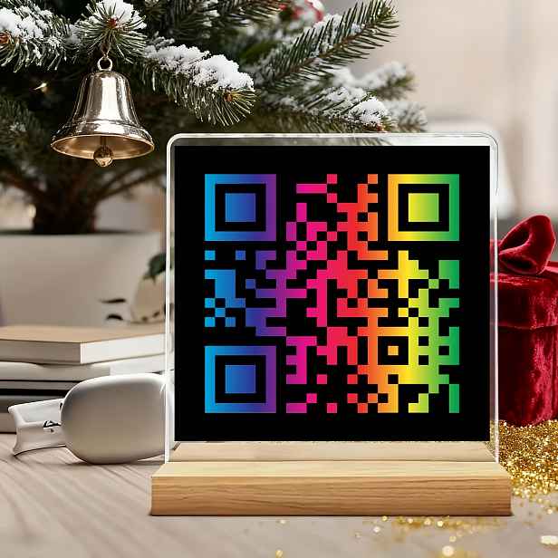 TEMU 1 ks, QR kód, Křišťálový stojan na fotografie s dřevěnou základnou na míru - Grafický design, ideální pro dekoraci na stůl i noční stolek,