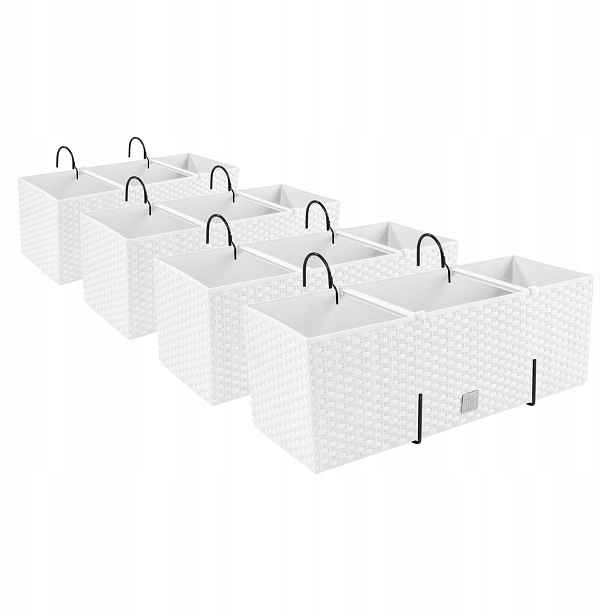 4x podélné závěsné balkonové boxy DRT500 bílé s 8 ocelovými háky