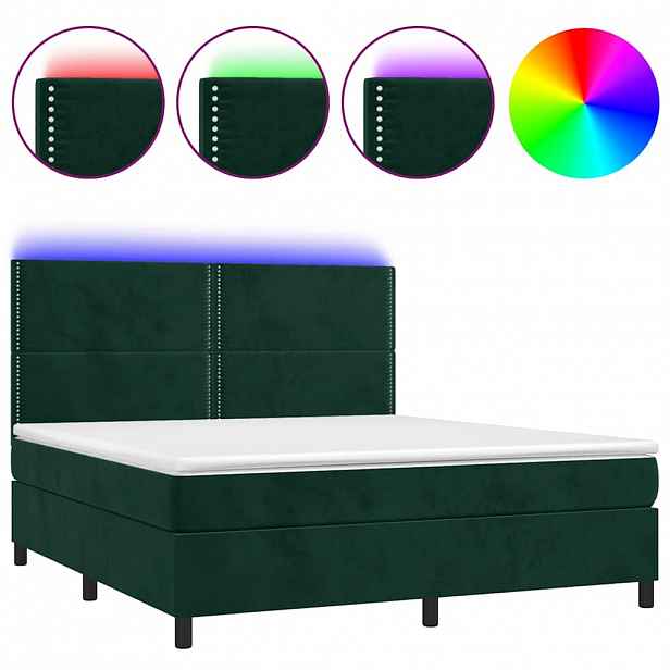 vidaXL Box spring postel s matrací a LED tmavě zelená 180x200 cm samet