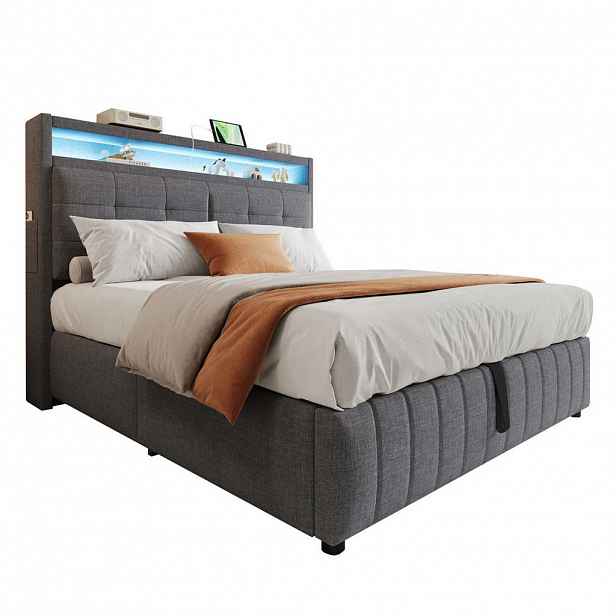 OKWISH ČALOUNĚNÁ postel 160/200 cm šedá z lněné tkaniny s LED osvětlením a USB