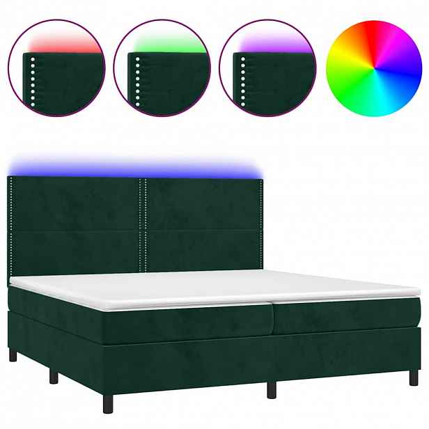 vidaXL Box spring postel s matrací a LED tmavě zelená 200x200 cm samet