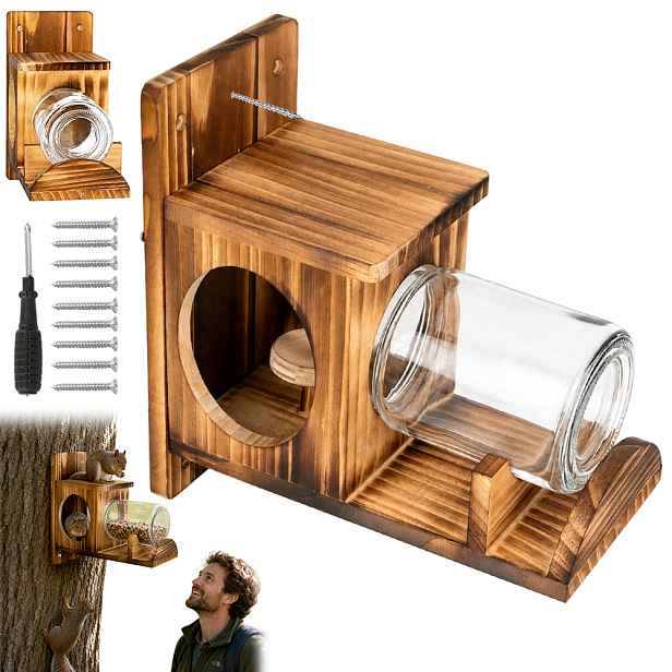 Krmítko Pro Veverky, Dřevěný Domeček, Pevný, Impregnovaný, 1 L Uzavíratelný