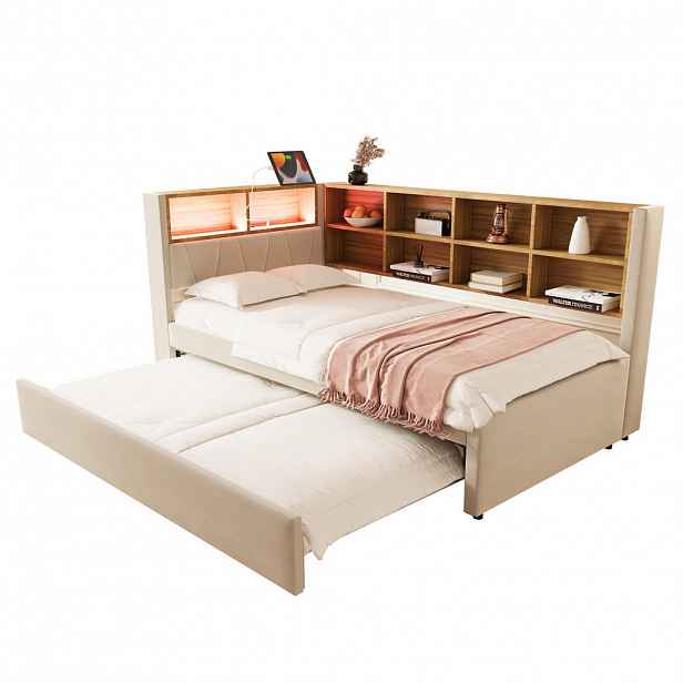 Modfu ČALOUNĚNÁ postel z flanelu 90x200 cm béžová s výsuvným lůžkem, LED osvětlením, USB/Type-C/ zásuvkou a úložným prostorem
