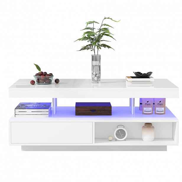 OKWISH KONFERENČNÍ stolek 95/50/42,5 cm bílý z dřevotřísky s LED osvětlením a 2 zásuvkami