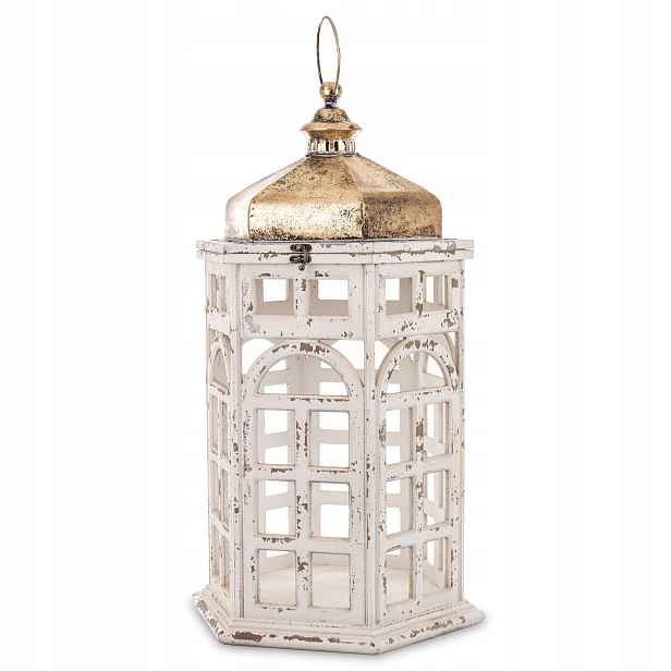 Lampion Bílý Zlatý Kovový Dřevěný Dekorativní Lucerna Retro svícen
