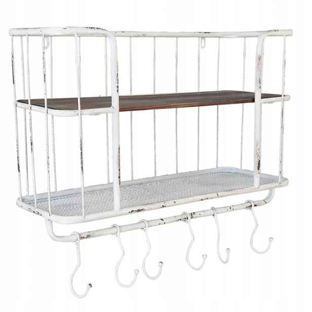 Bílá závěsná police s háčky a patinou – 60x23x51 cm