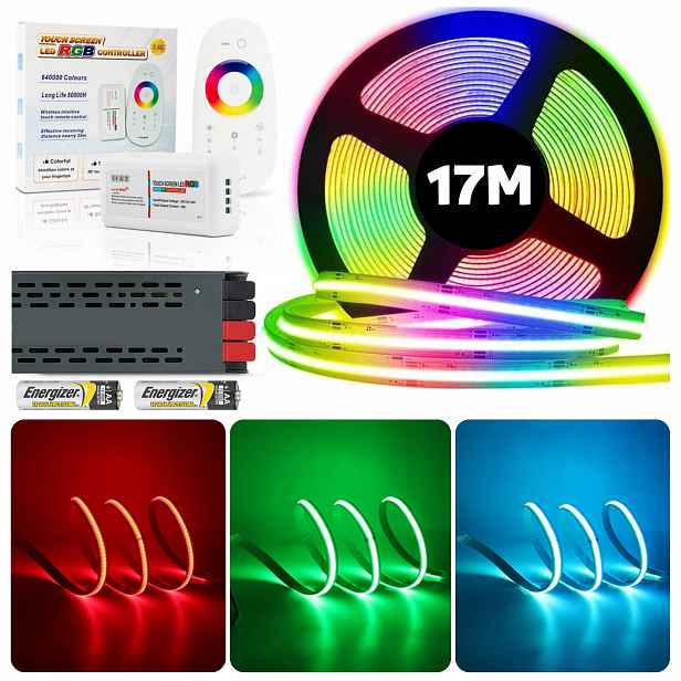 Set 17M Neon Led pásek Cob Rgb 840 diod 15W 24V s dálkovým ovládáním a napájecím zdrojem