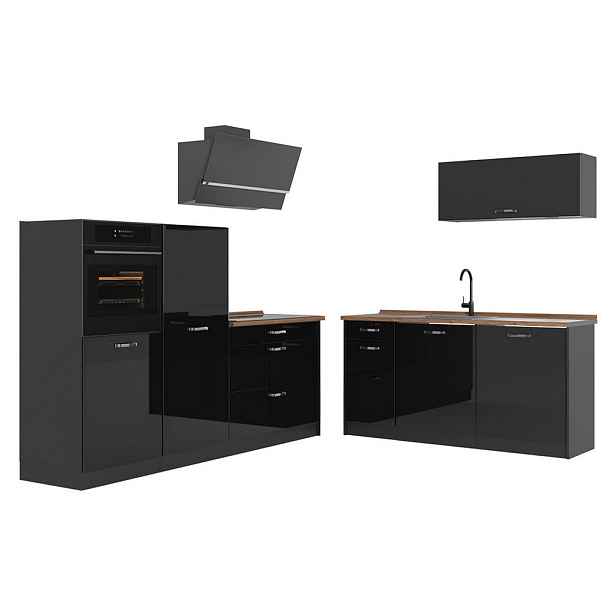 Vicco KUCHYŇSKÝ KOUT R-Line, Černý vysoký lesk/Antracit, 220 cm pracovná doska Dub Goldkraft