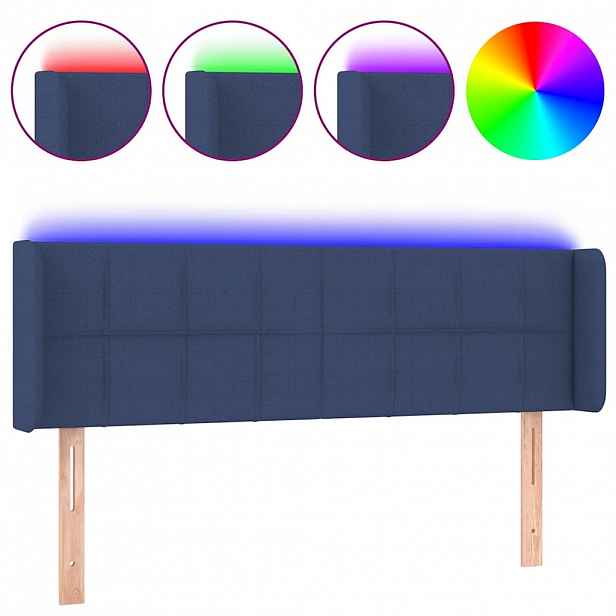 vidaXL Čelo postele s LED modré 147 x 16 x 78/88 cm textil