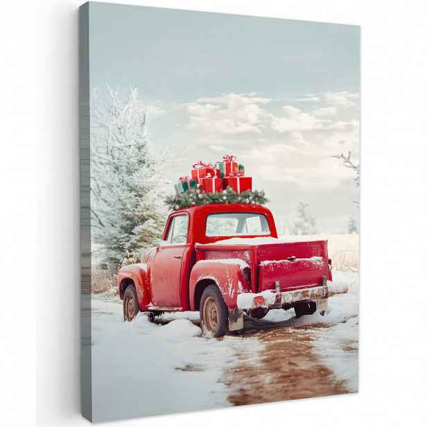 MuchoWow OBRAZ NA PLÁTNĚ Auto - Červená - Dárky - Zima - Sníh - Vánoce 30x40 cm